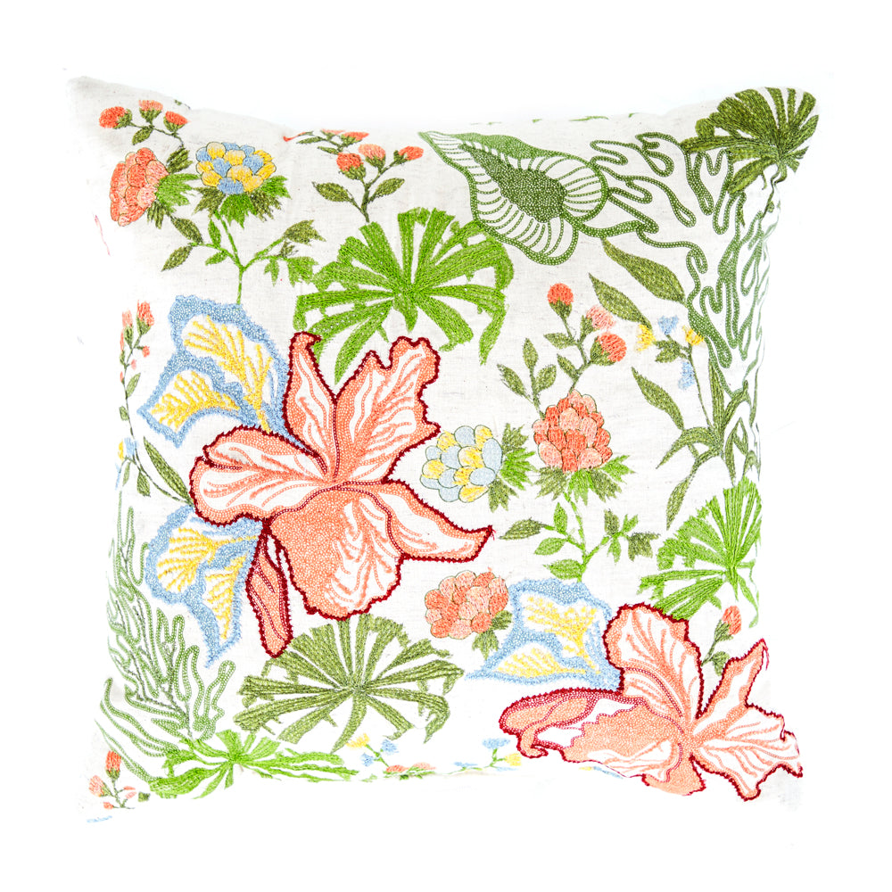White & Green Embroidered Modern Floral Pillow