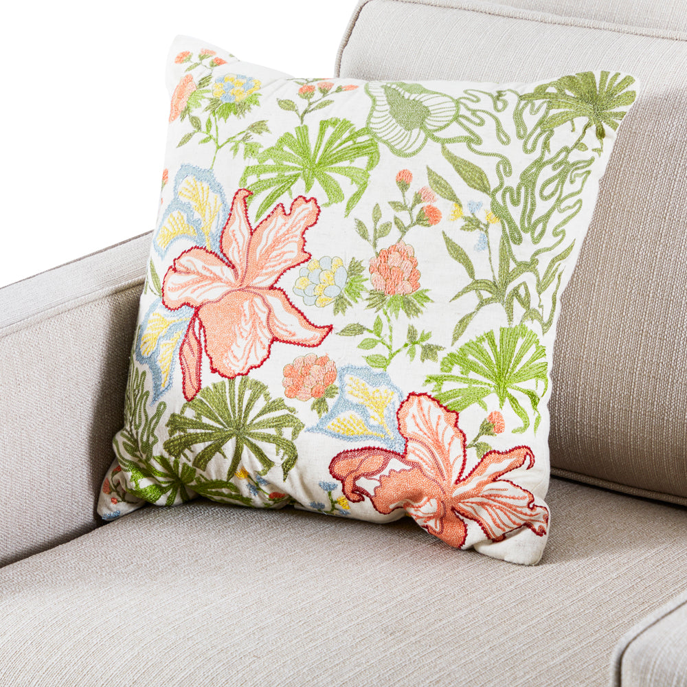 White & Green Embroidered Modern Floral Pillow