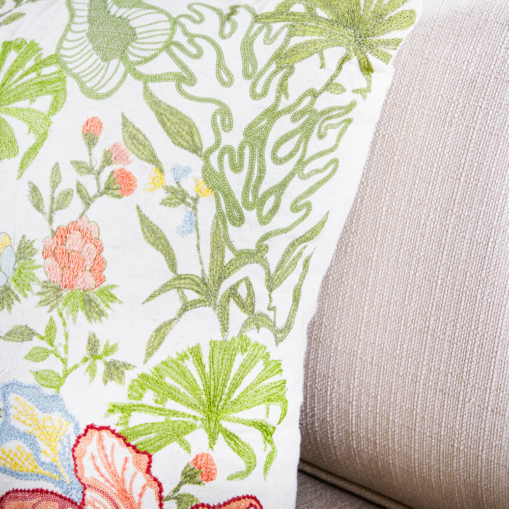 White & Green Embroidered Modern Floral Pillow