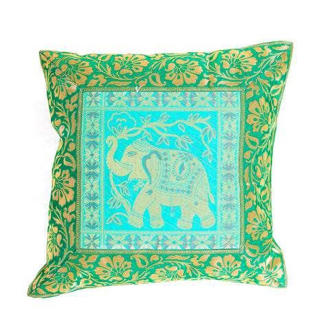 Green Indian Elephant Silk Pillow