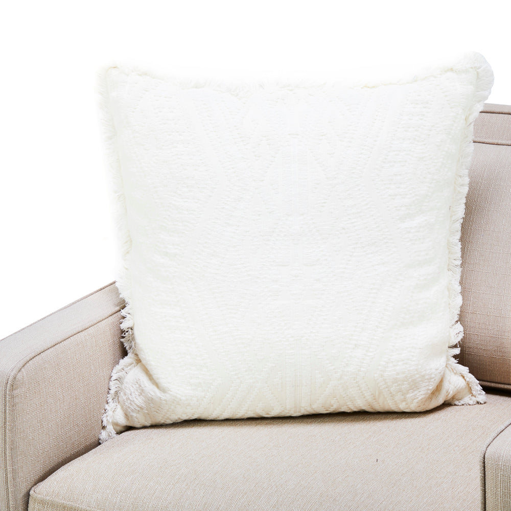 White Textured Knit Pillow with Fringe