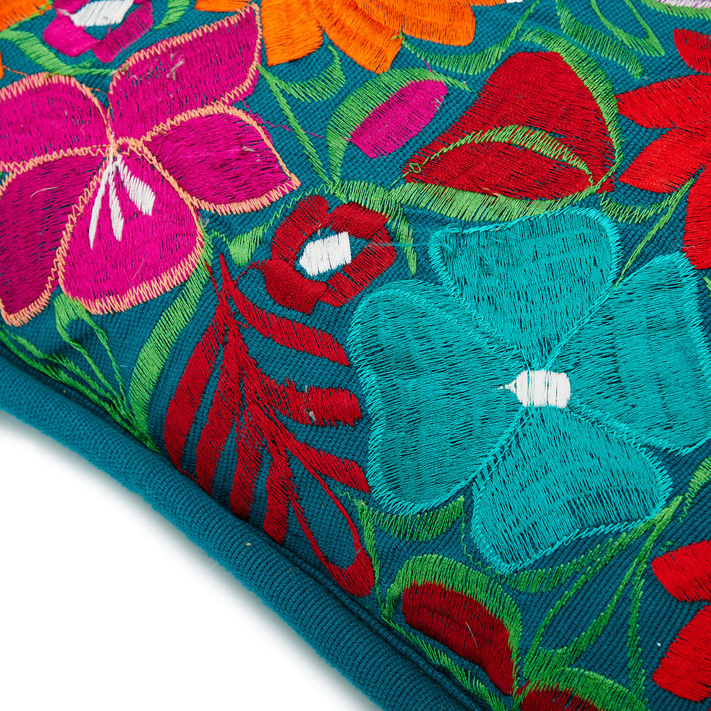 Teal Floral Mexican Embroidered Pillow