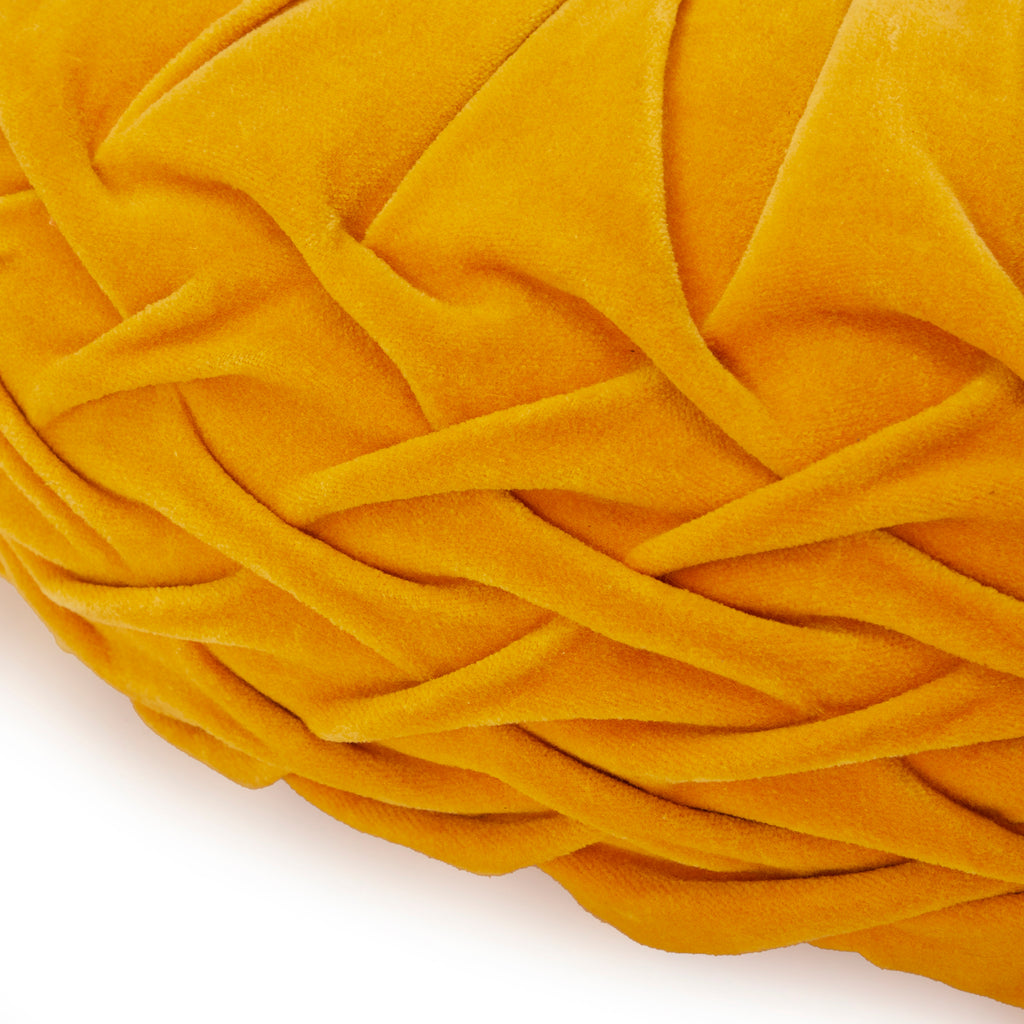 Yellow Mustard Pleated Velvet Round Pillow