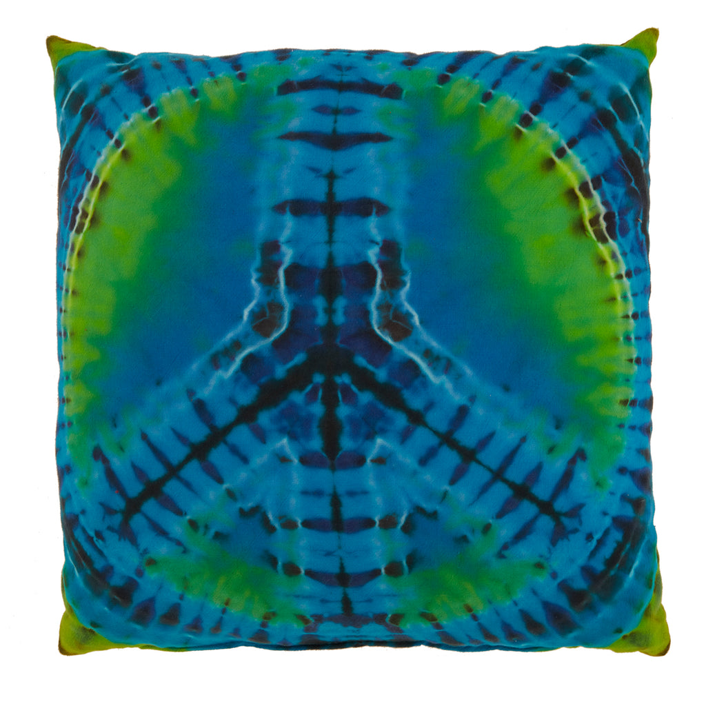 Blue and Green Peace Sign Tie-Dye Pillow