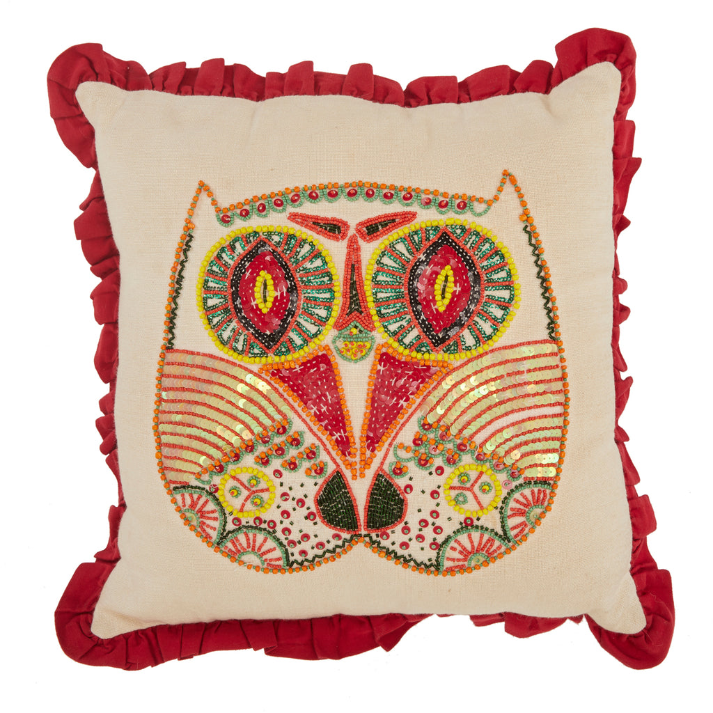 Red & Beige Beaded Owl Pillow
