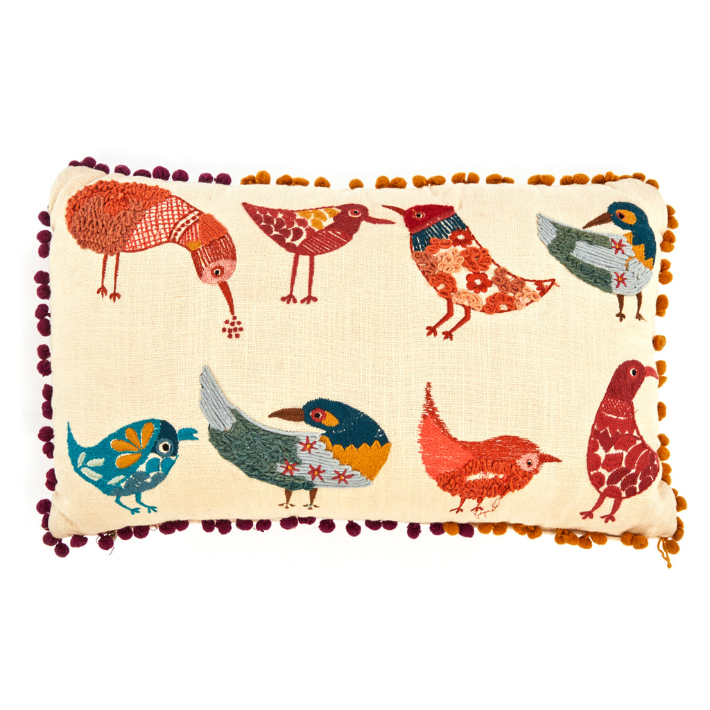 Tan Embroidered Birds Pillow with Tassels