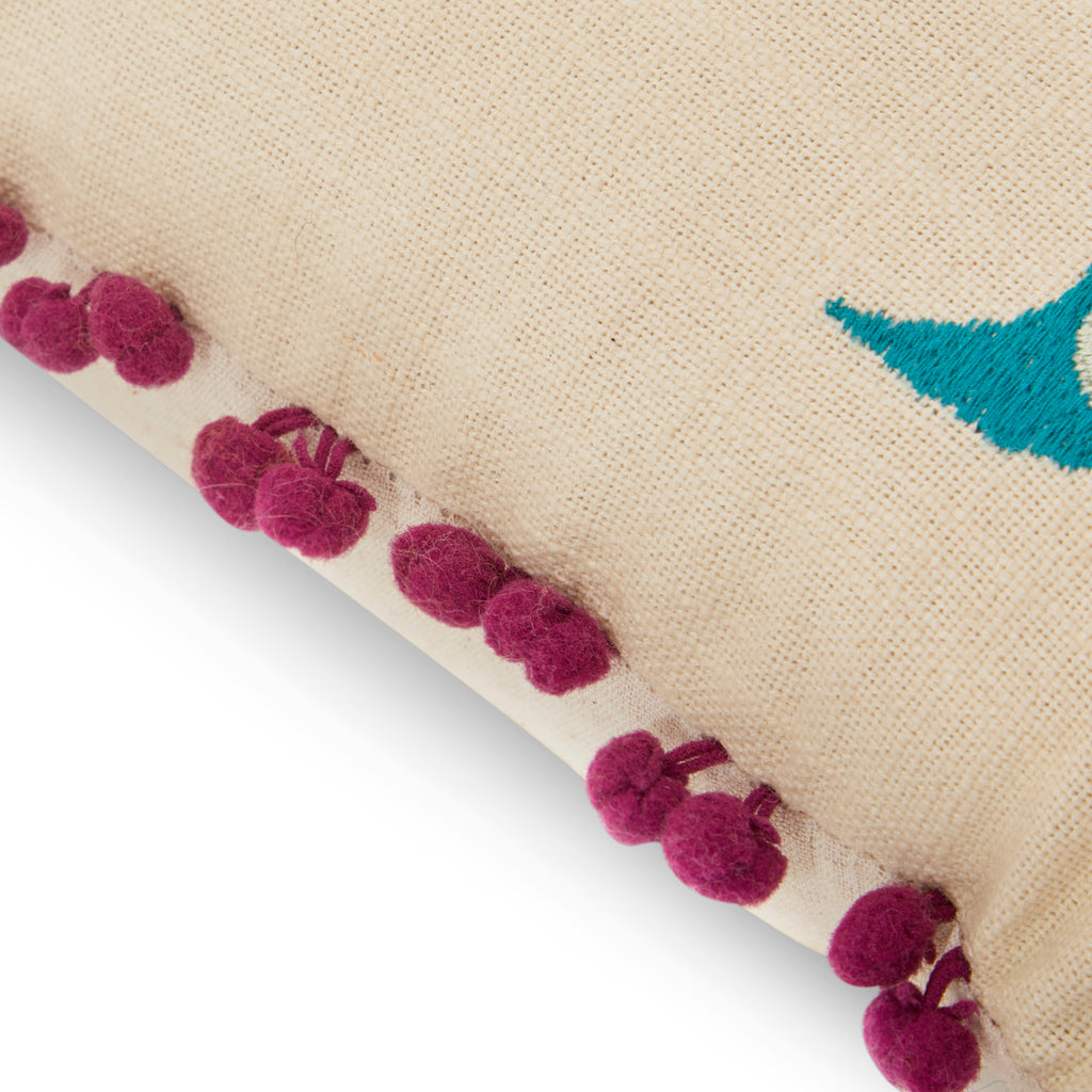 Tan Embroidered Birds Pillow with Tassels