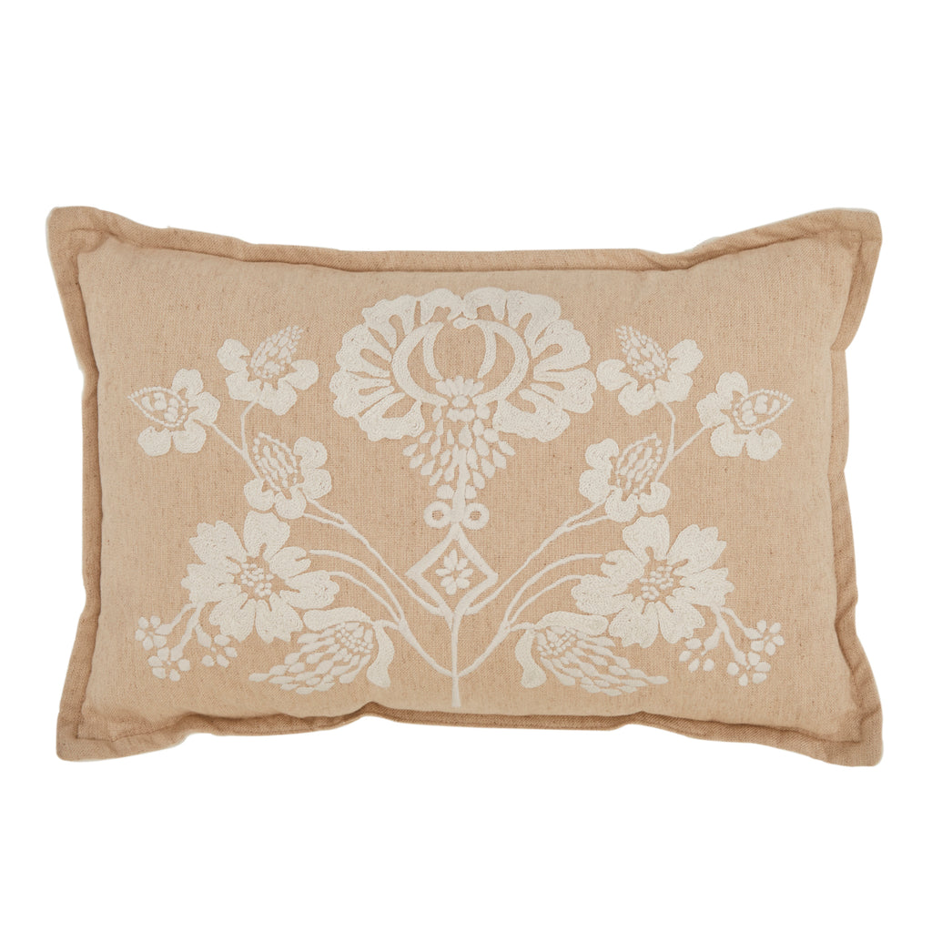 Tan Linen Lumbar Pillow With White Flowers