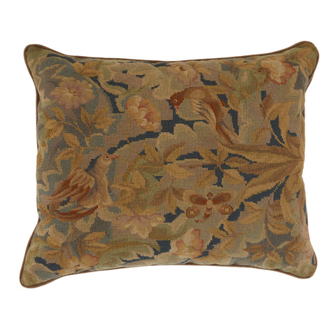 Brown Floral Birds Needlepoint Pillow