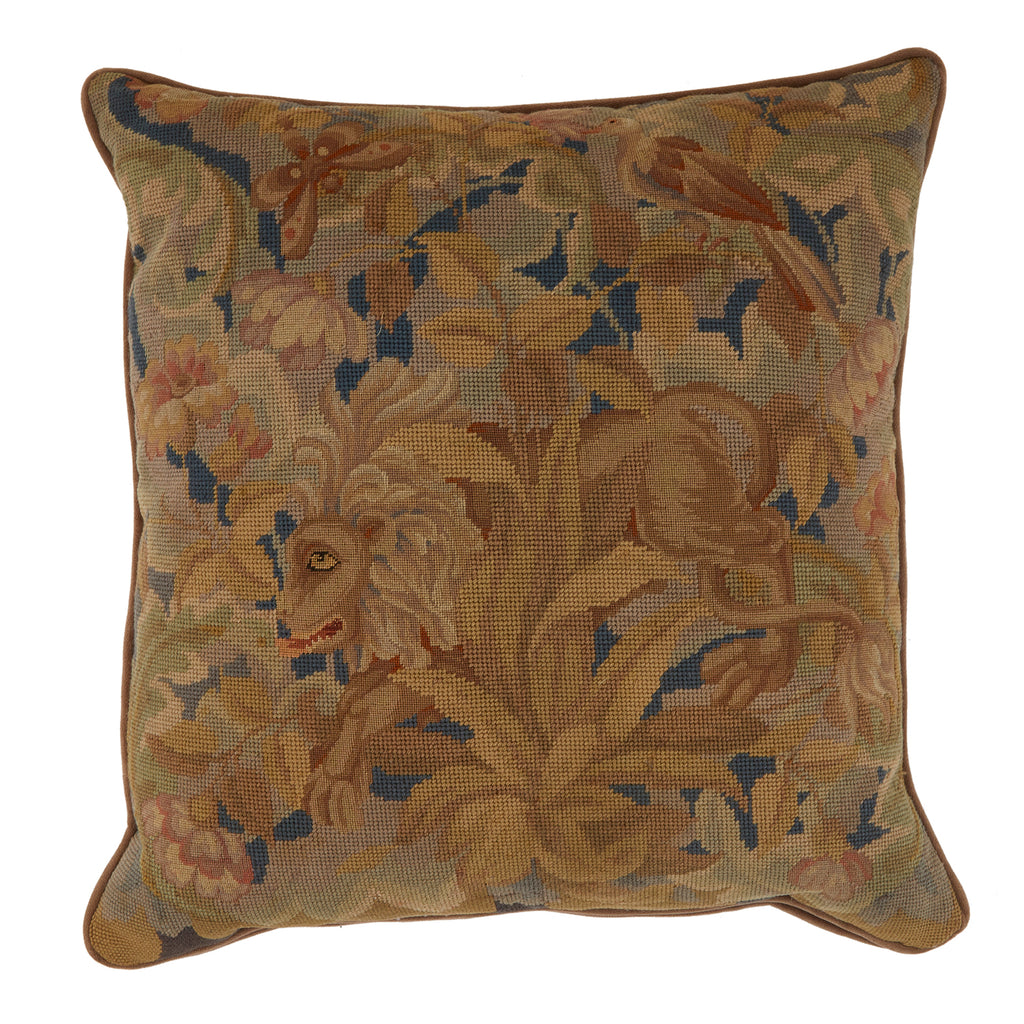 Large Earth Tones Needlepoint Floral Lion Pillow