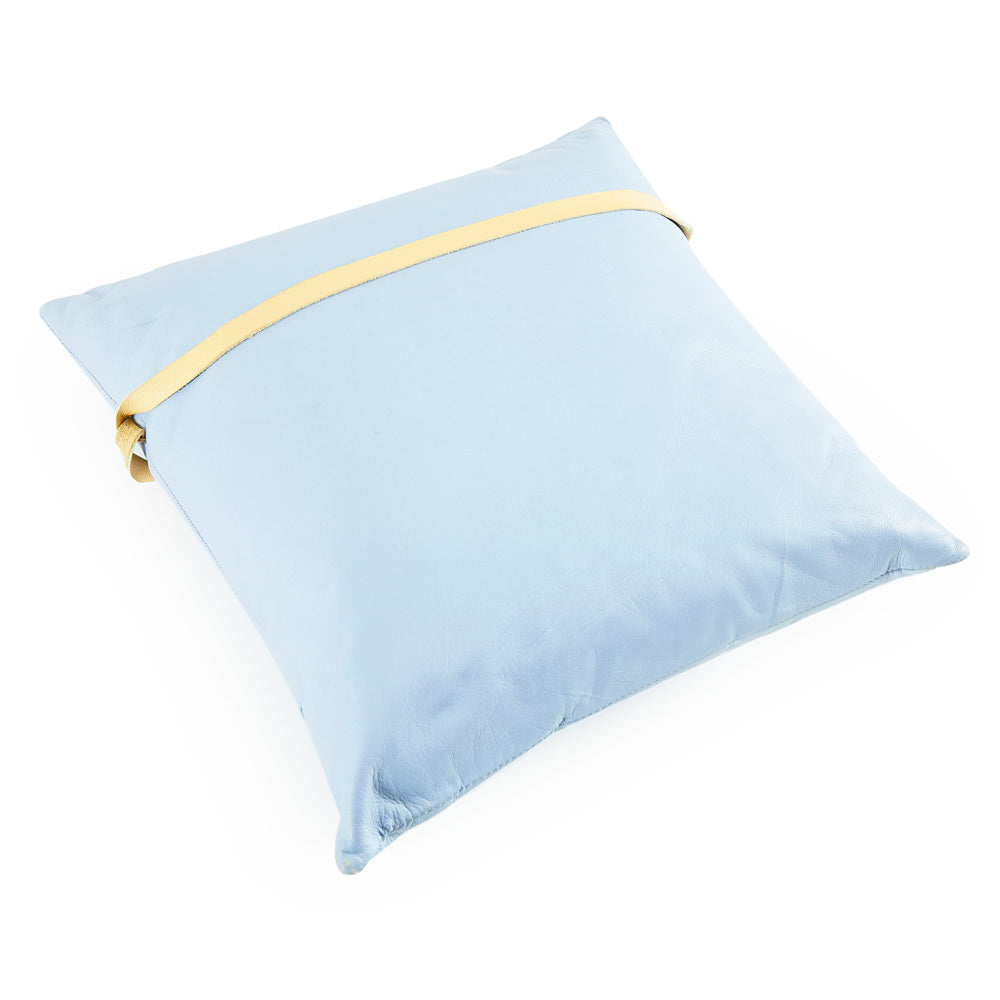 Blue Leather Pillow with Ribbon