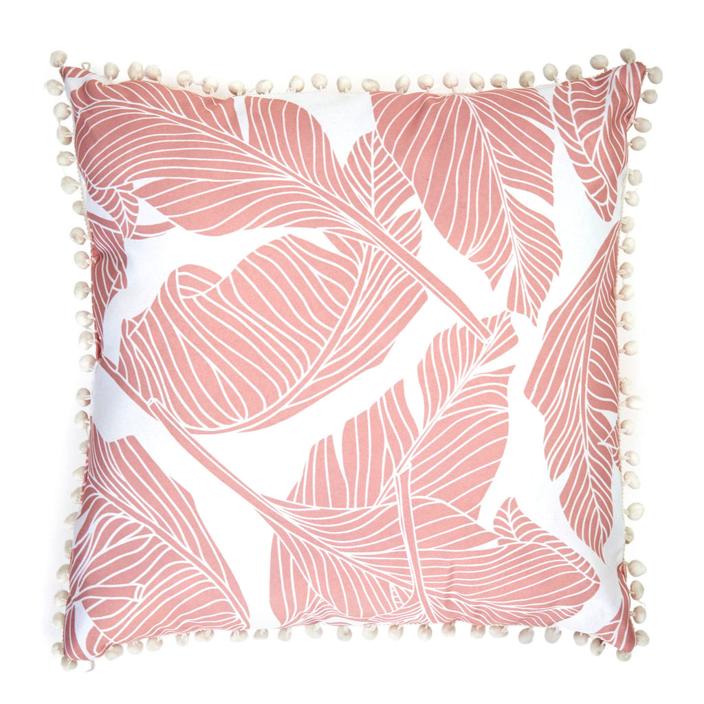 Pink Tropical Leaves Pillow with Tassels