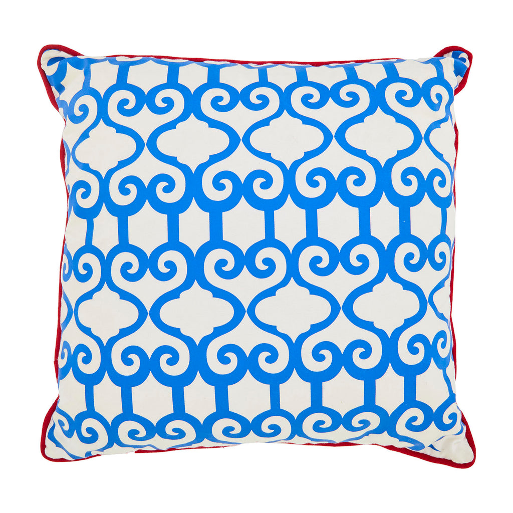 Blue Pattern on White Pillow with Red Trim