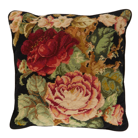 Black & Red Roses Needlepoint Pillow