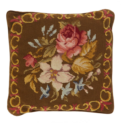 Brown & Pink Flowers Needlepoint Pillow