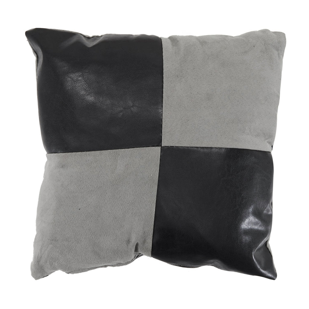 Grey & Black Leather and Suede Checkered Pillow