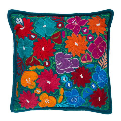 Teal Floral Mexican Embroidered Pillow