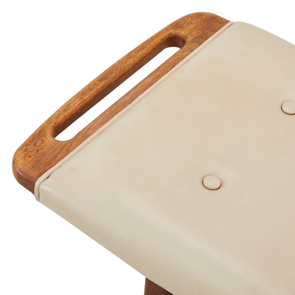 White Leather Danish Walnut Handle Bench