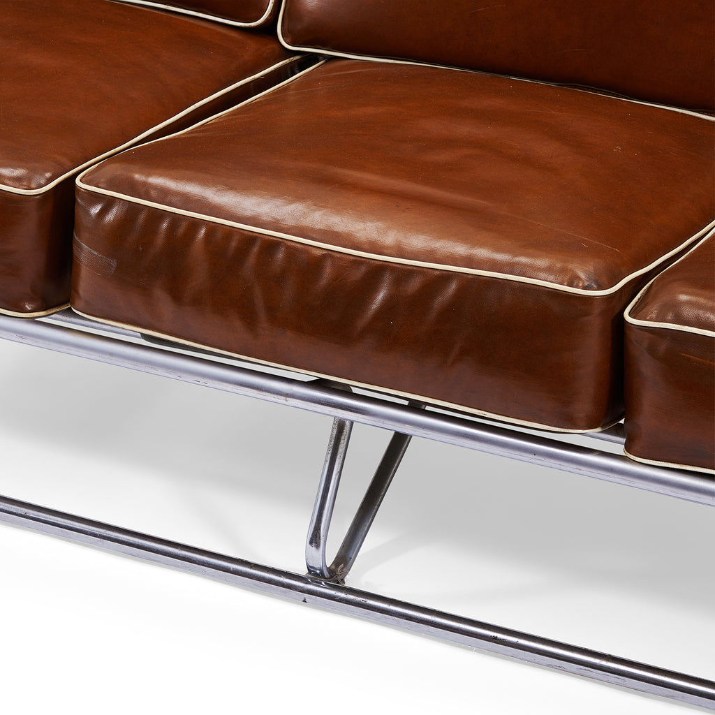 Brown Leather and Chrome Deco Sofa
