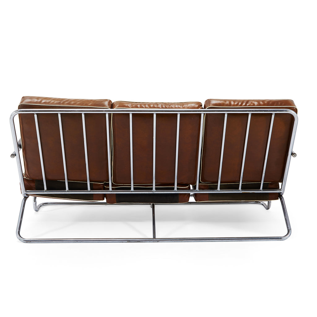Brown Leather and Chrome Deco Sofa