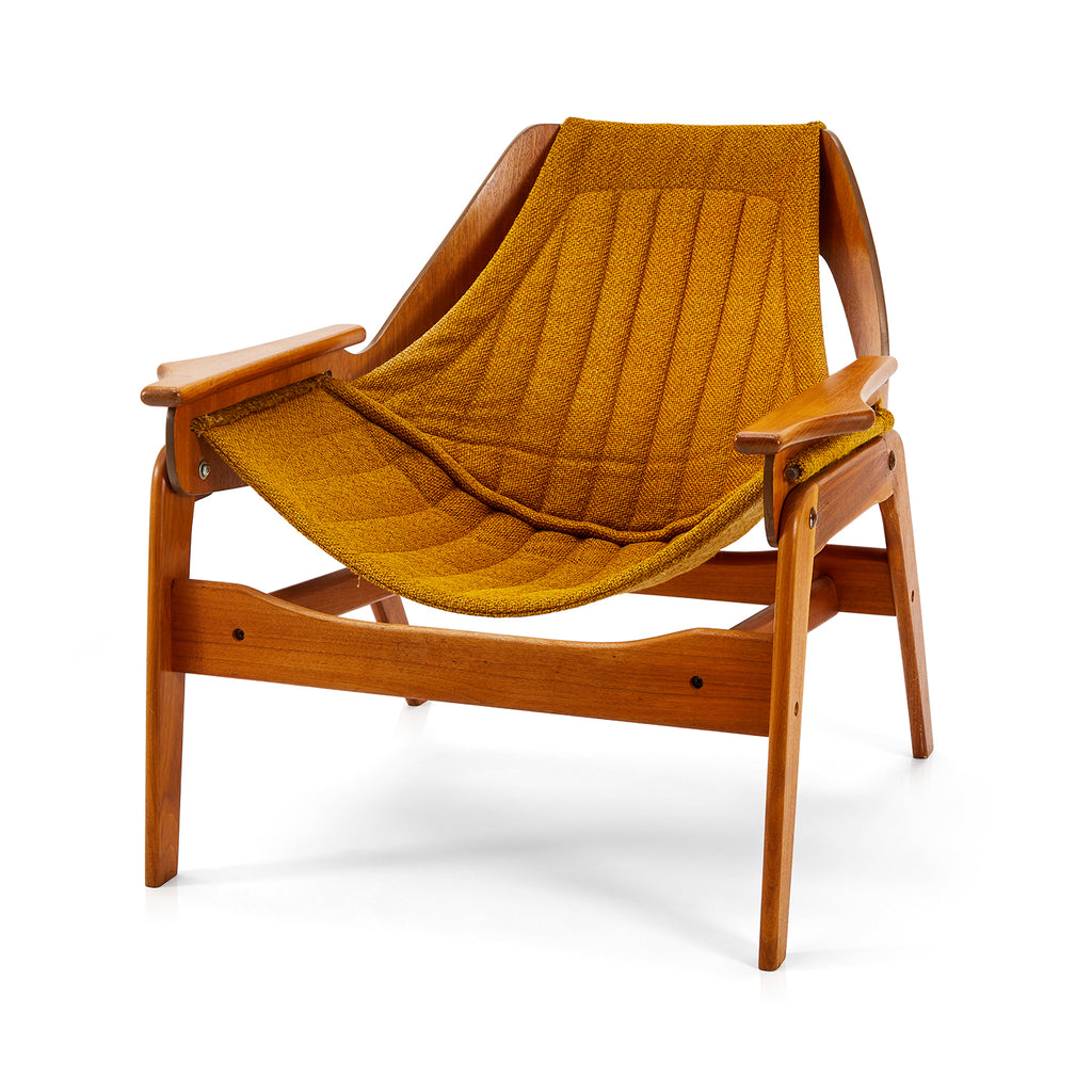 Vintage Wood + Mustard Fabric Sling Arm Chair