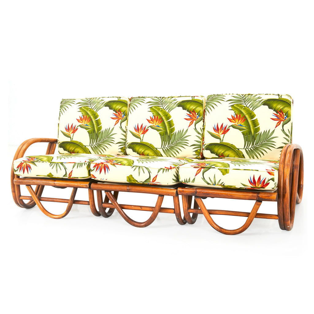 White & Green Floral Rattan Frame Vintage Couch