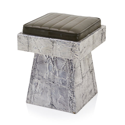 Aluminum Patchwork & Green Leather Square Stool