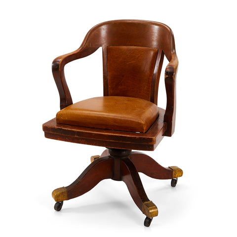Wood & Brown Leather Vintage Rolling Office Chair