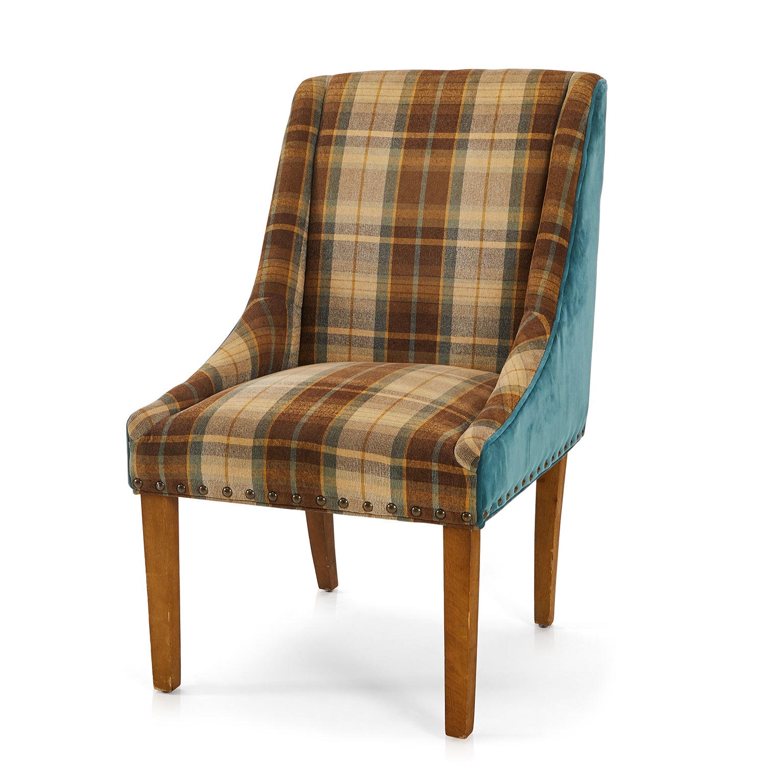 Brown Blue Plaid Upholstered Dining Chair Gil Roy Props