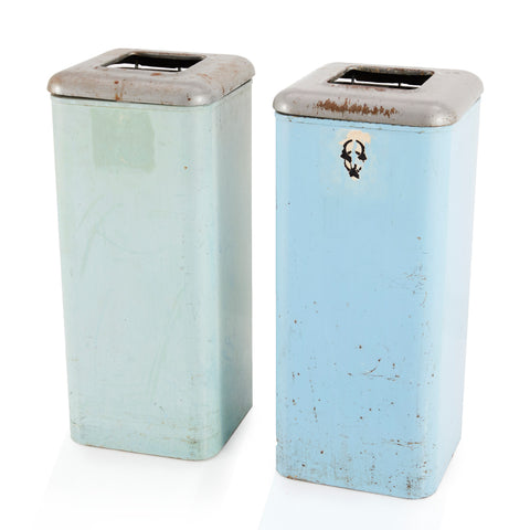 Vintage Blue and Green Metal Trash Cans