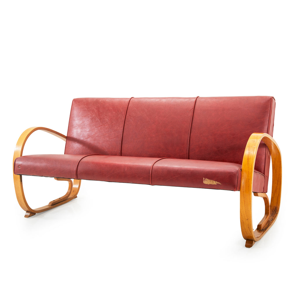 Red Leather Light Wood Deco Sofa