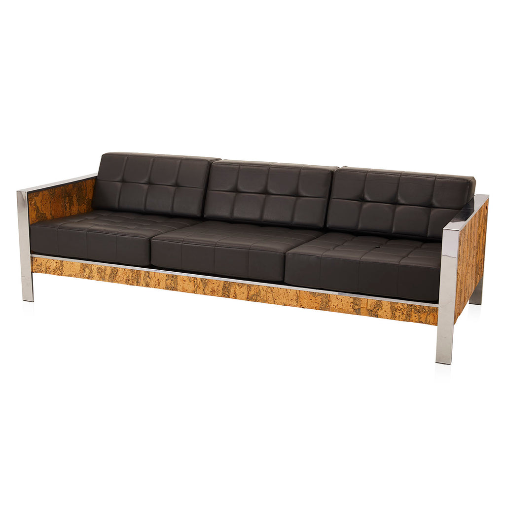 Black Leather Sofa with Cork & Chrome Frame