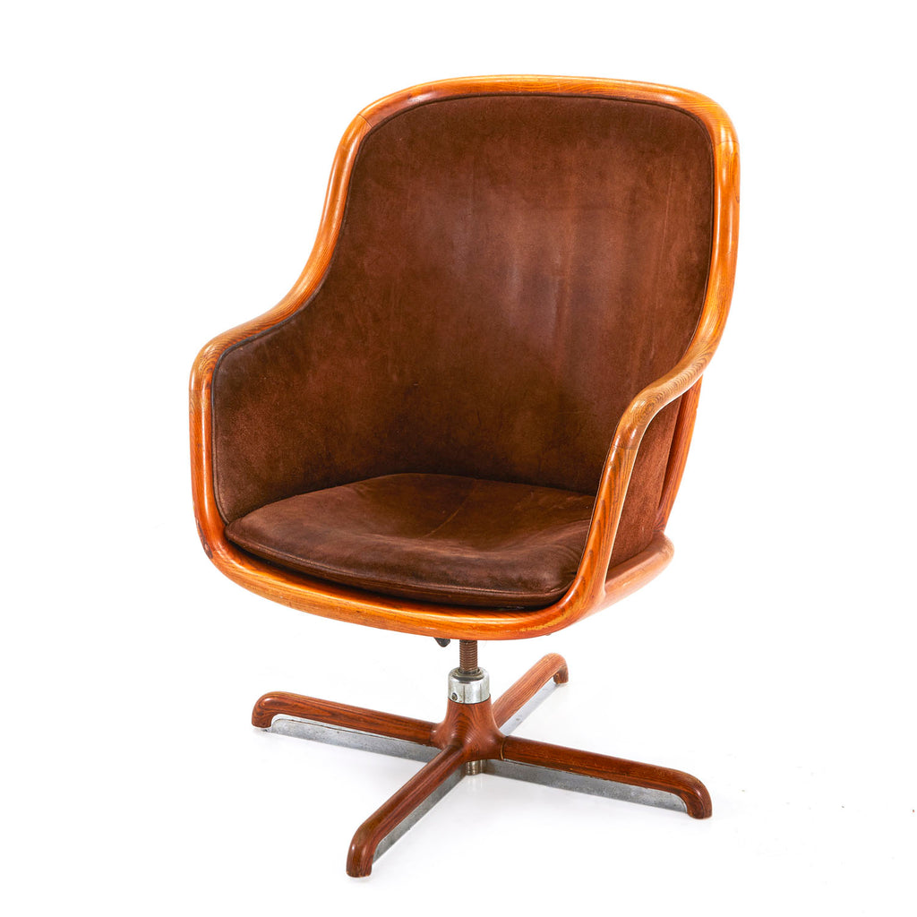 Brown Suede Curved Wood Swivel Chair