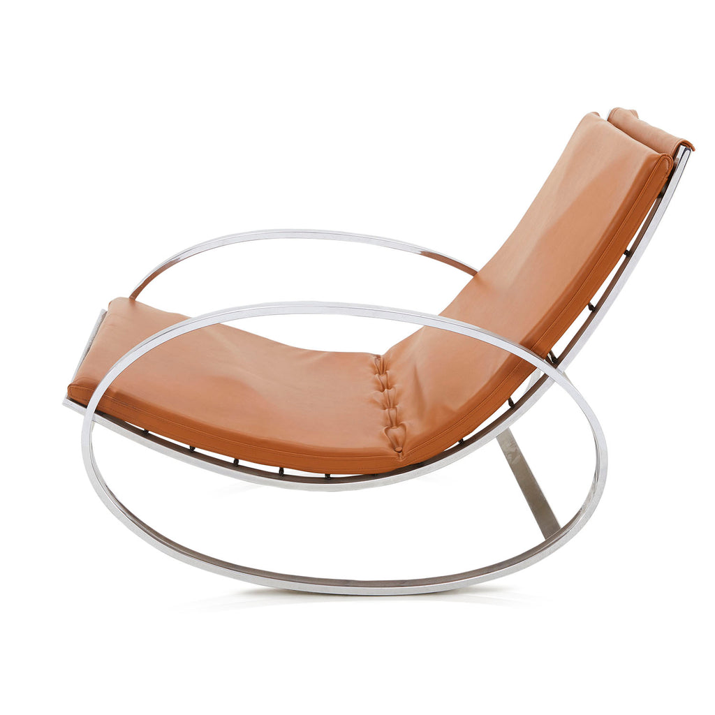 Brown Leather & Chrome Modern Rocking Chair