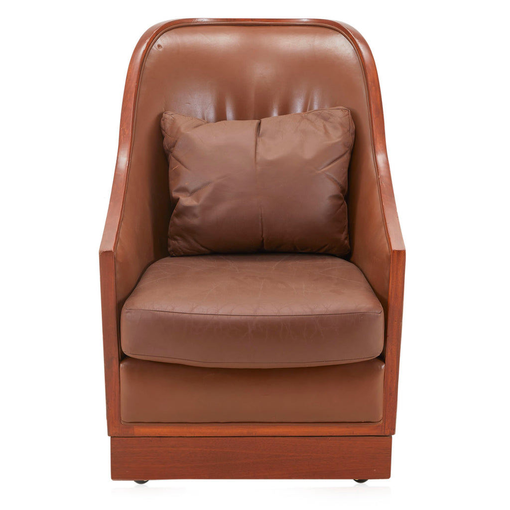 Brown Leather Wood Trim Sloped Armchair