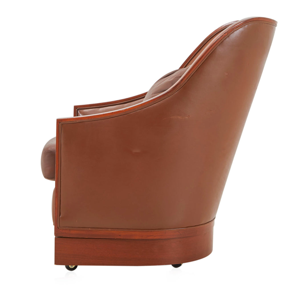 Brown Leather Wood Trim Sloped Armchair