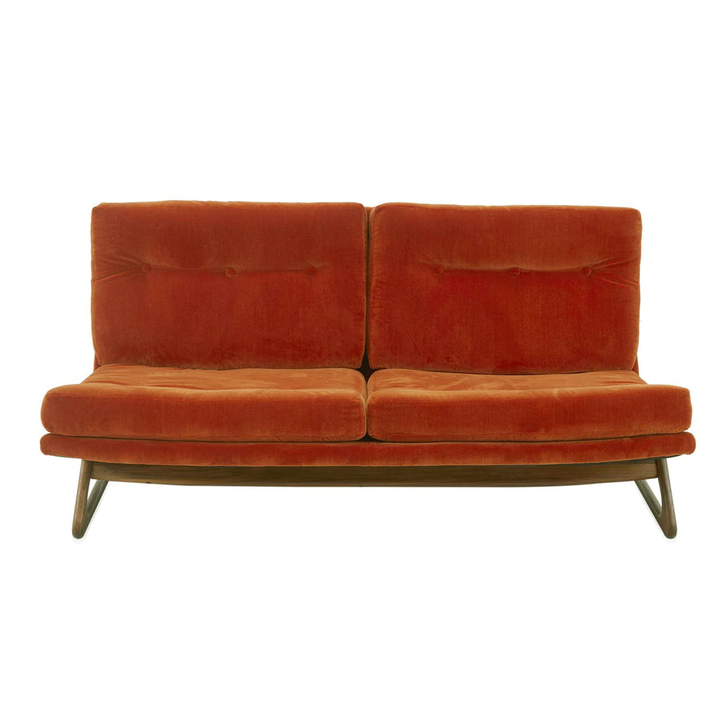 Orange Velvet Wood Base Loveseat Sofa