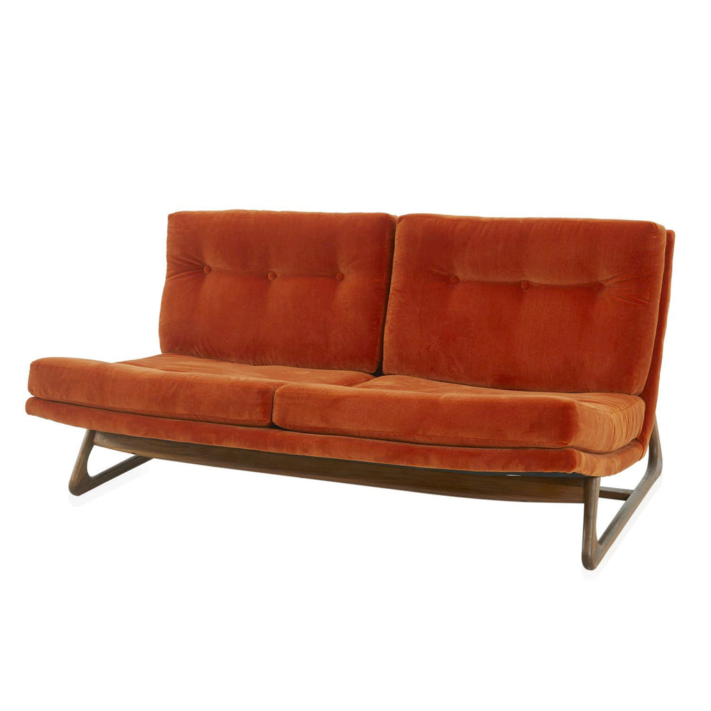 Orange Velvet Wood Base Loveseat Sofa