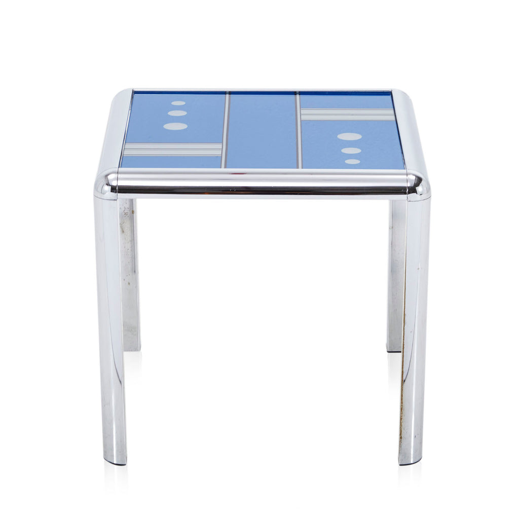 Small Square Blue Domino Side Table w Chrome Frame