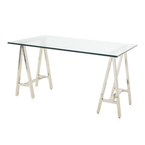 Rectangle Glass and Chrome Sawhorse Dining Table