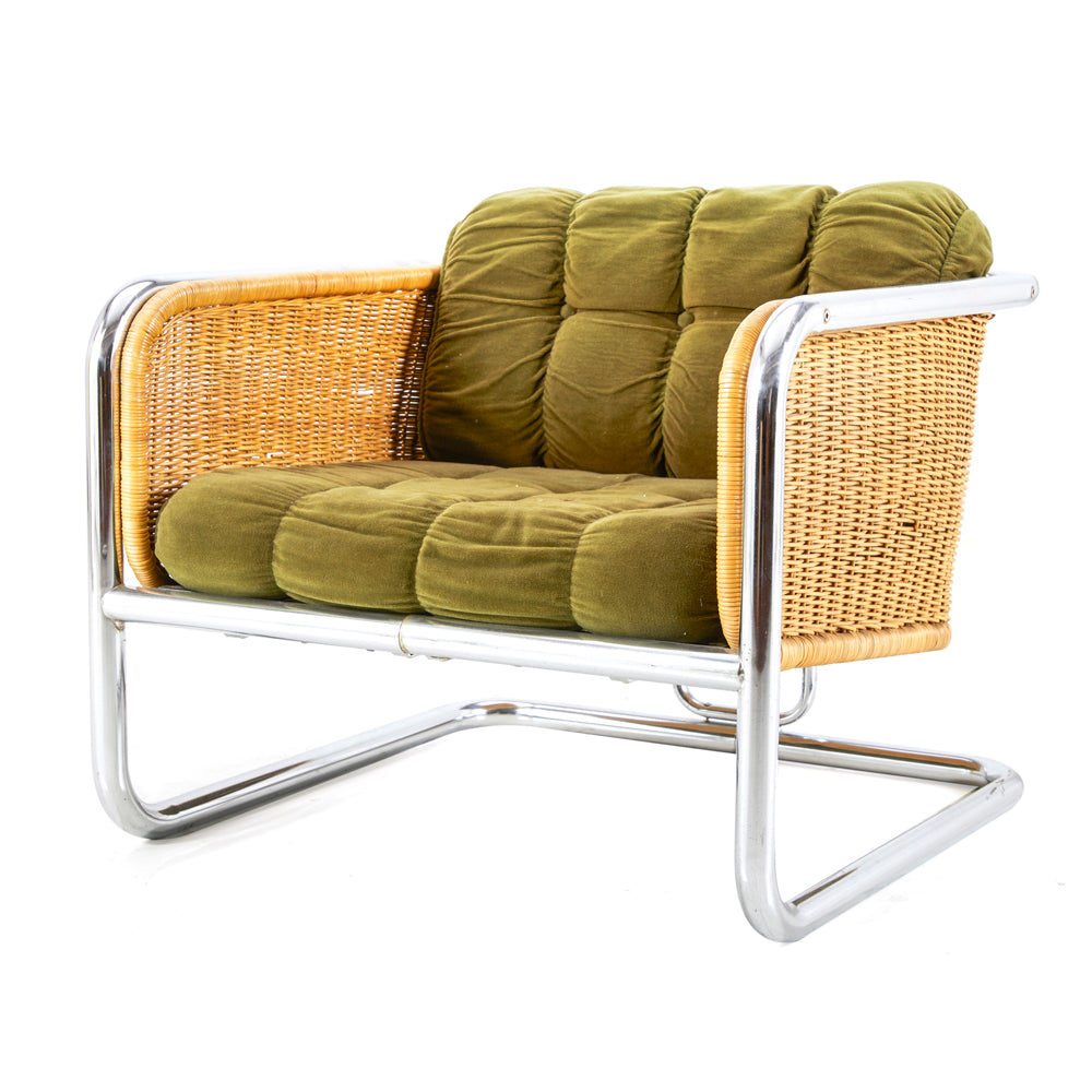 Green Fabric Chrome Frame Vintage Lounge Chair