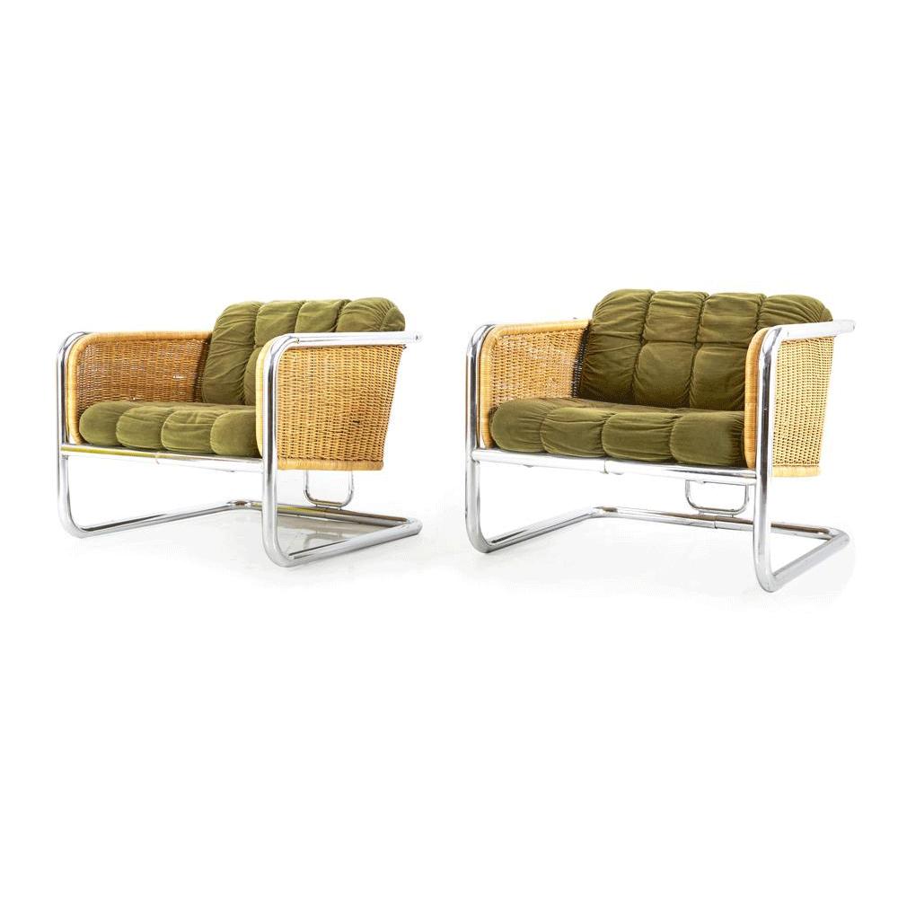 Green Fabric Chrome Frame Vintage Lounge Chair