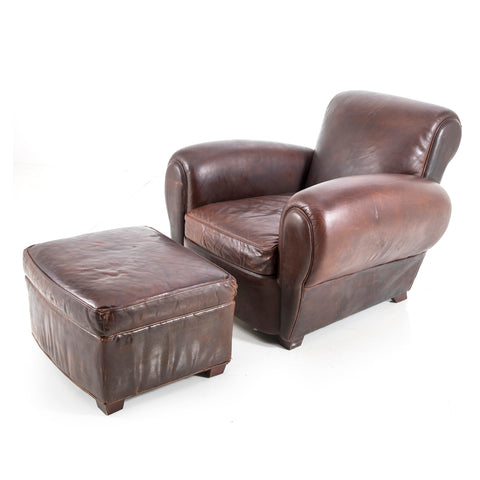 Large Brown Leather Armchair with Ottoman