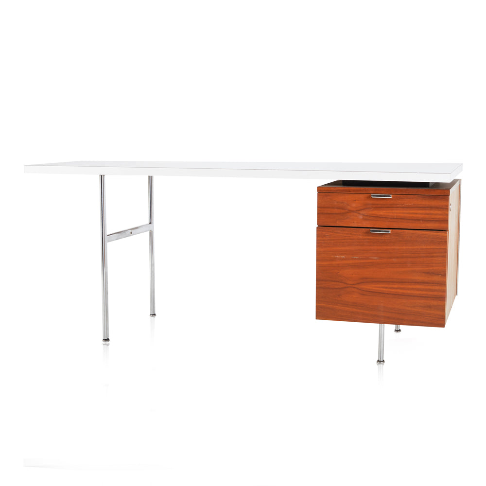 White Top Desk with One Side of Wood Drawers
