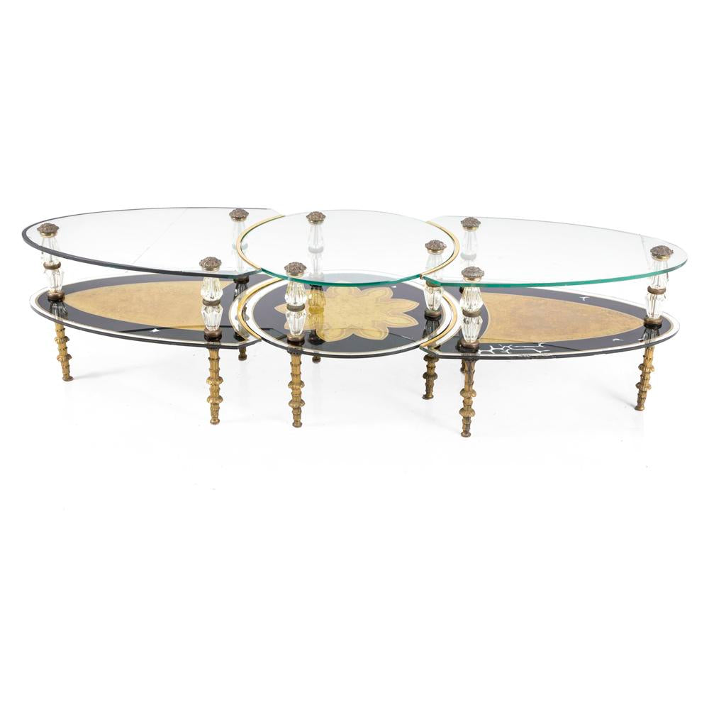 Ornate Black Gold Glass 3-Piece Coffee Table