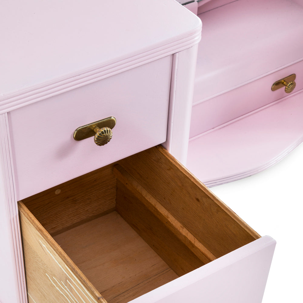 Pink Vanity Table with Large Round Mirror - Gil & Roy Props Pink Vanity Table with Large Round Mirror - Gil & Roy Props