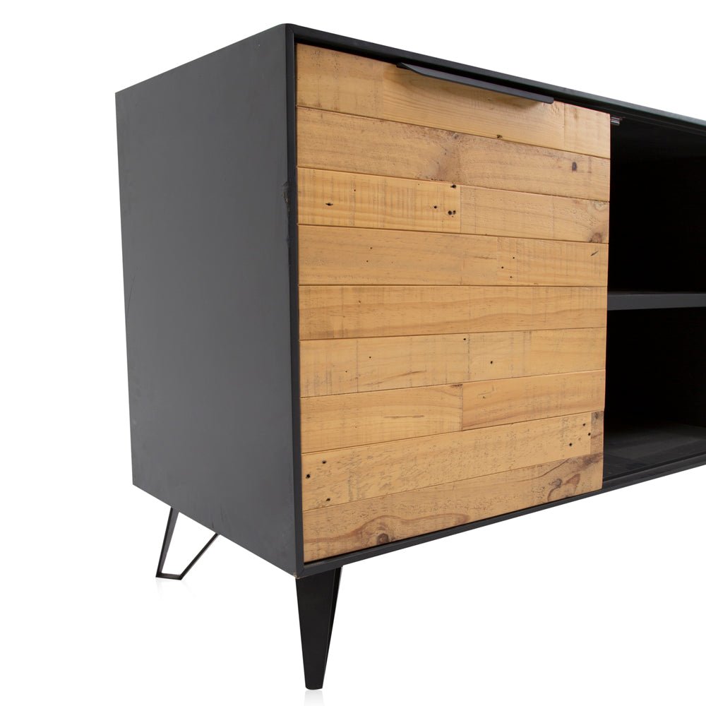 Black + Light Wood Paneled Media Cabinet Credenza