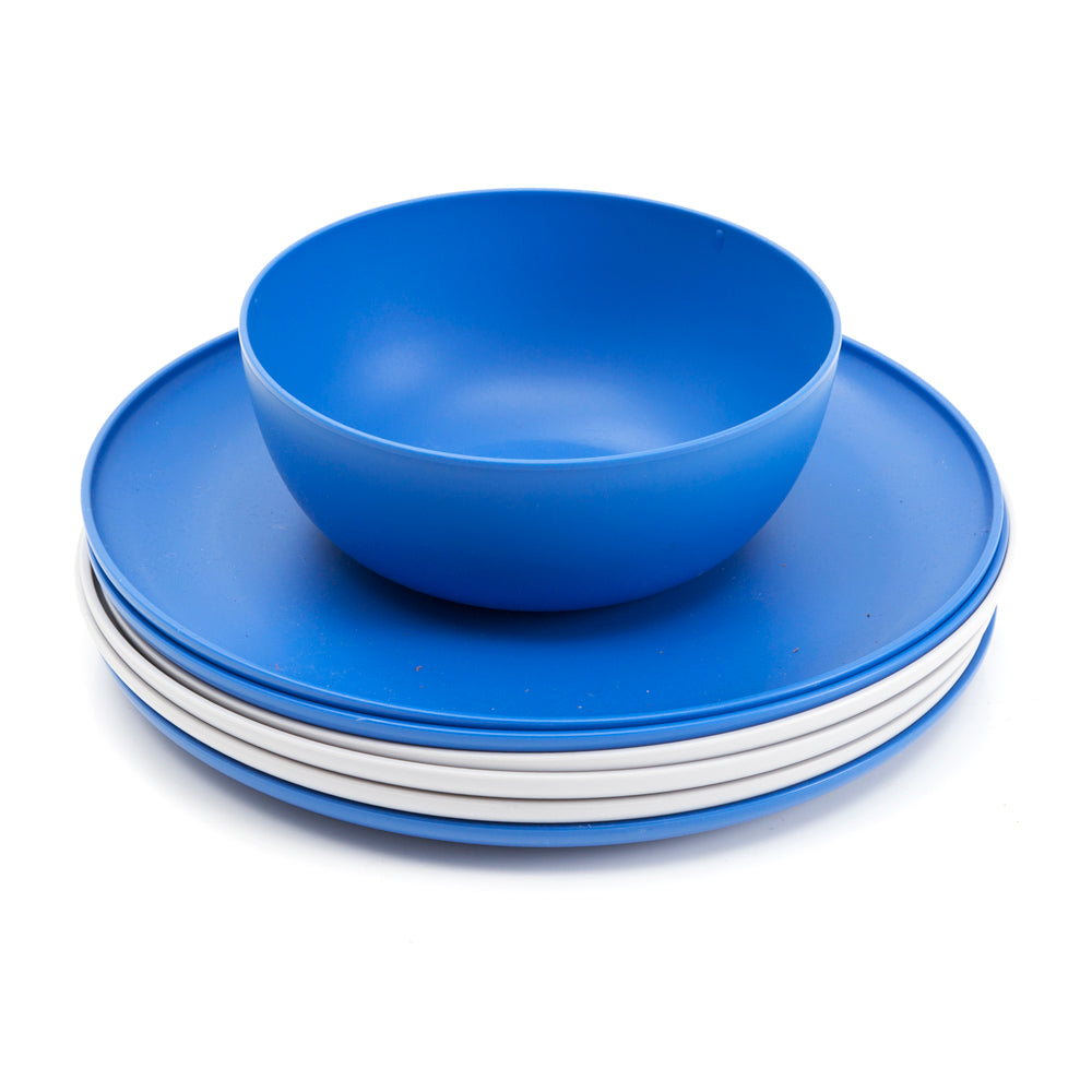 Blue and White Plastic Bowl and Plate Set