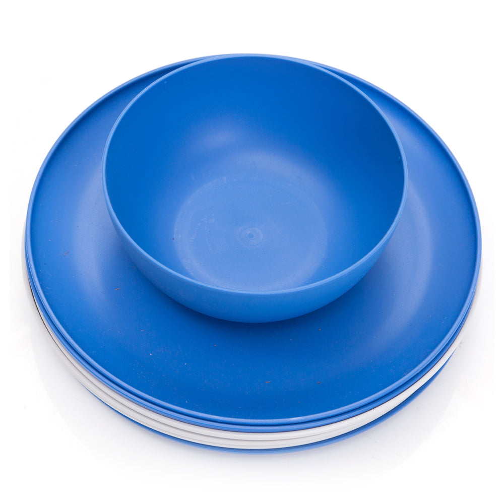 Blue and White Plastic Bowl and Plate Set