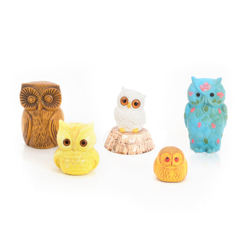 Set of 5 Colorful Ceramic Owls